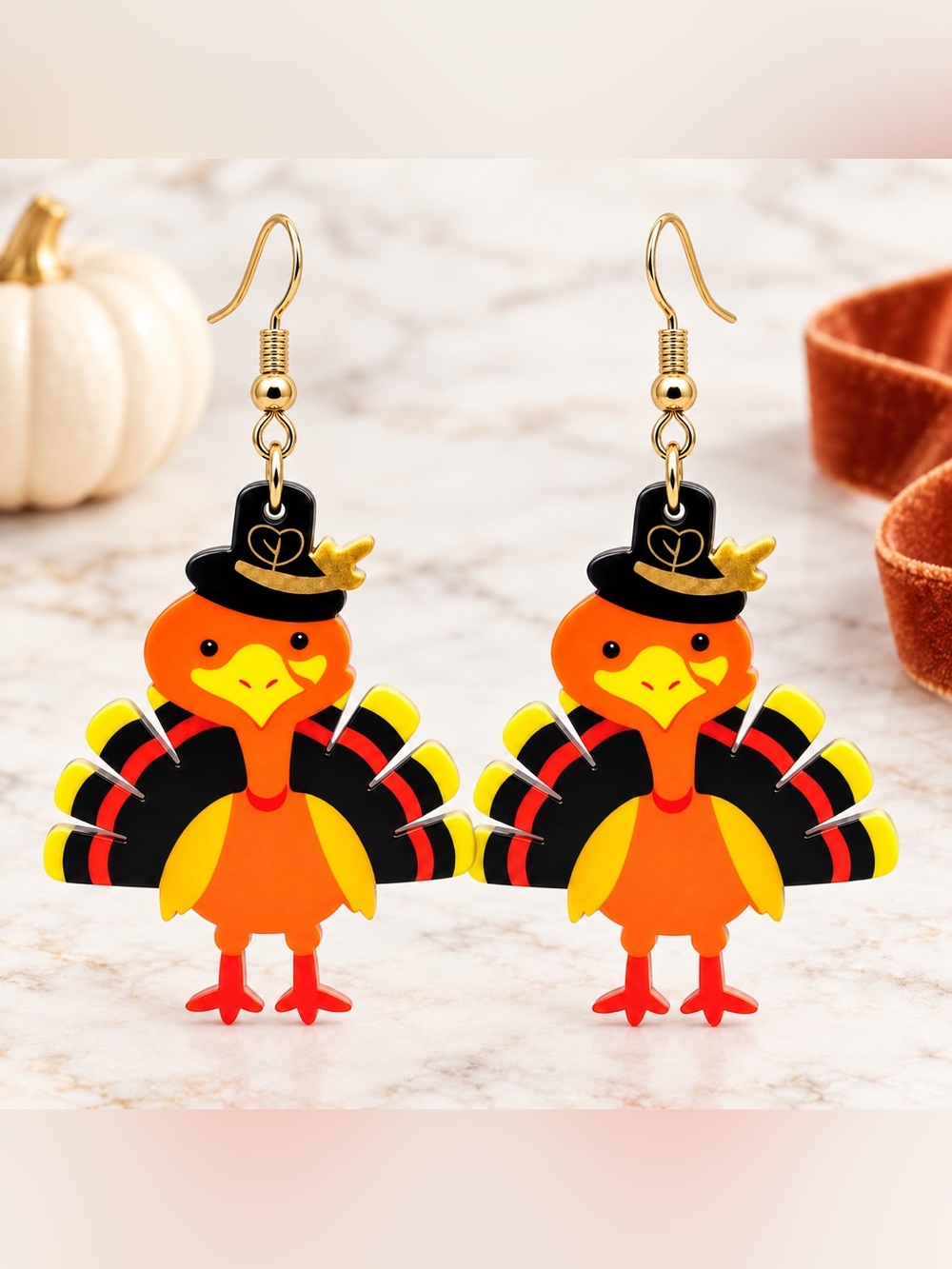 Thanksgiving Turkey Dangle Earrings Multicolor Enamel Fall Holiday Jewelry NEW